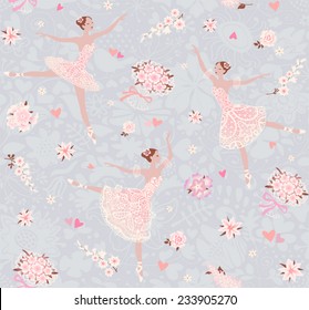 Seamless floral background with dancing ballerinas. Vector vintage pattern.