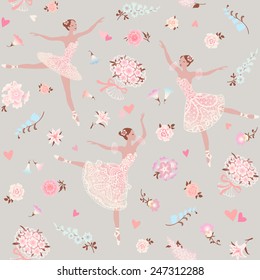 Seamless floral background with dancing ballerinas. Vector vintage pattern.