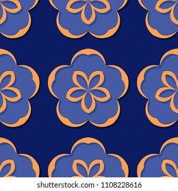 Seamless floral background. Deep blue and orange 3d pattern. Vector illustration