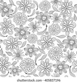 Seamless floral background in doodle style with flowers. leaves. Coloring book page. Vector hand drawn pattern in black and white