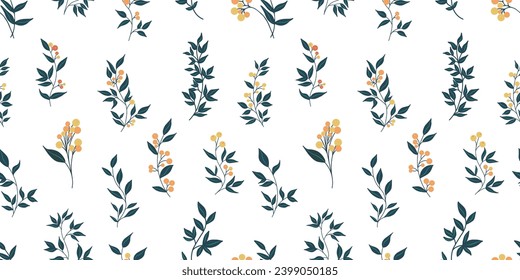 Seamless floral background. Elegant botanical design: hand drawn wildflowers, leaves, branches, herbs on a white background. Vector illustration.