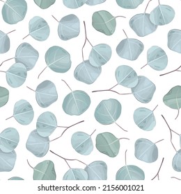 Seamless floral background with eucalyptus branches. Suitable for printing on fabric, textile, wrapping paper, decorative wallpaper, packaging, invitation cards