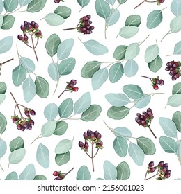 Seamless floral background with eucalyptus branches. Suitable for printing on fabric, textile, wrapping paper, decorative wallpaper, packaging, invitation cards