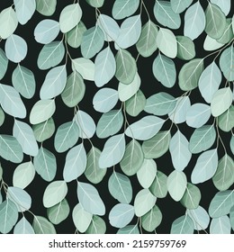 Seamless floral background with eucalyptus branches on a dark background. Suitable for printing on fabric, textile, wrapping paper, decorative wallpaper, packaging, invitation cards