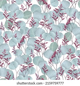 Nahtloser floraler Hintergrund mit Eukalyptus-Ästen und astilbe Äste. Geeignet für den Druck auf Gewebe, Textilien, Umschlagpapier, dekorative Tapeten, Verpackungen, Einladungskarten