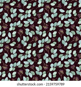 Seamless floral background with eucalyptus branches on a black background. Suitable for printing on fabric, textile, wrapping paper, decorative wallpaper, packaging, invitation cards