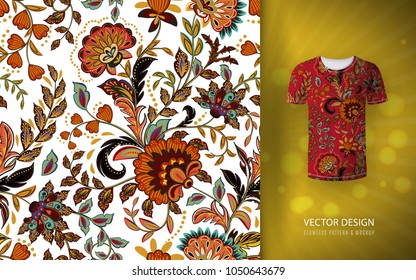 Seamless floral background. Fantasy flowers pattern, used on t-shirt mock up. Design for prints, wallpaper, textile. Vector illustration. Orange