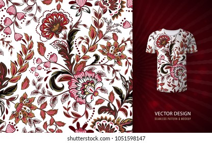 Fundo floral sem costura. Padrão de flores de fantasia, usado na camiseta simular. Design para impressões, papel de parede, têxtil. Ilustração vetorial. Castanho rosa