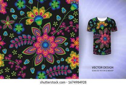 Seamless floral background. Fantasy flowers pattern, used on t-shirt mock up. Design for prints, wallpaper, textile. Vector illustration. Multicolor on black