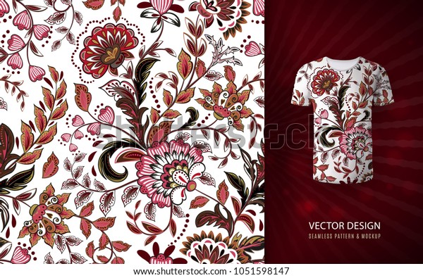 シームレスな花柄の背景 幻想的な花柄 モックアップのtシャツに使用 印刷 壁紙 繊維のデザイン ベクターイラスト ピンク色の茶色 のベクター画像素材 ロイヤリティフリー 1051598147