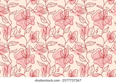 Seamless floral background featuring with blooming flowers, delicate leaves, and butterflies. Soft red and pink palette. Romantic and vintage spring aesthetic for textiles, wallpapers