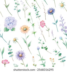 Seamless floral background featuring a variety of wildflowers in a watercolor style. Bright and vibrant colors, perfect for fabric patterns, backgrounds, and gift wrap designs.