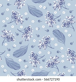 Seamless floral background with flowers, berries and feathers. Hand drawn vector illustration