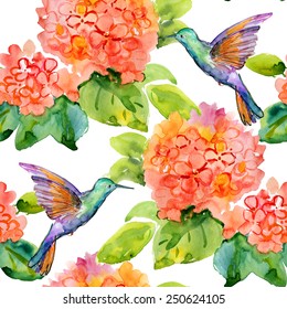 Seamless floral background with flowers and birds. Hand painted watercolor painting. Vector 