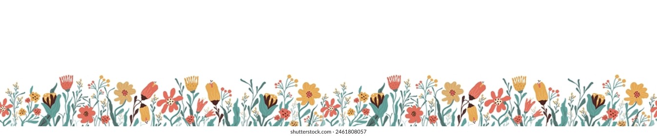 seamless floral background with flowers, border, leaves. Spring botanical, plant illustration, objects isolated on white background. for print, banner, border with space for text. art vector 