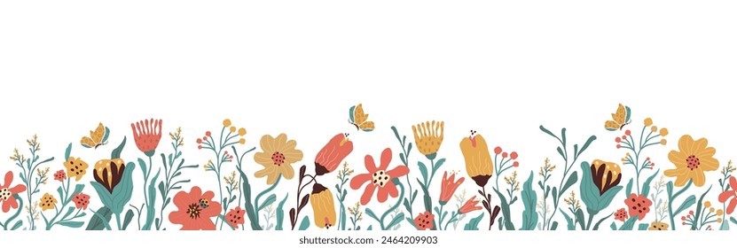 seamless floral background with flowers, butterfly, leaves. summer botanical illustration, plants, objects highlighted on a white background. for print, banners, frames with space for text. art vector