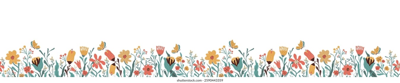 seamless floral background with flowers, butterfly, leaves. Summer botanical, plant illustration, objects isolated on white background. for print, banner, border with space for text. art vector 