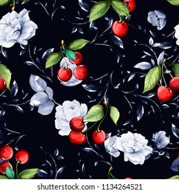 Seamless floral background with flowers, fruit cherry and leaf on black. Vintage artwork hand drawn pattern, watercolor. Vector - stock.