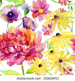Seamless floral background with flowers. Hand painted watercolor painting. Vector