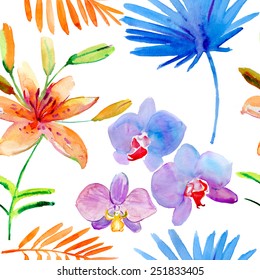 Seamless floral background with flowers. Hand painted watercolor painting. vector.