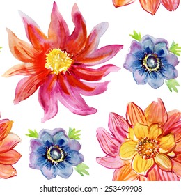 Seamless floral background with flowers. Hand painted watercolor painting. Vector.