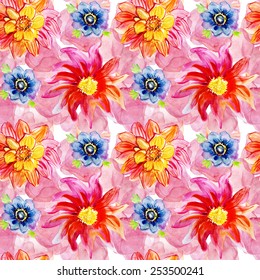 Seamless floral background with flowers. Hand painted watercolor painting. Vector.