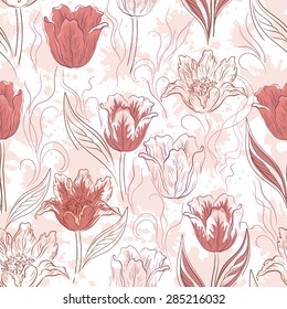 Seamless Floral Background, Flowers Tulips and Abstract Pattern, Blots. Vector