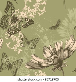 Seamless floral background with flying butterflies, hand-drawing. Vector.