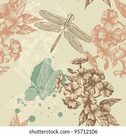 Seamless floral background with flying dragonflies, hand-drawing. Vector.