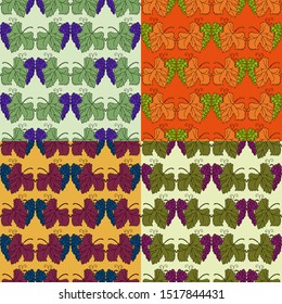 Seamless floral background in four different color variants, freehand drawing, print on fabric, grape screen saver with leaves