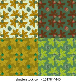 Seamless floral background in four different color variants, freehand drawing, print on fabric, screen saver chestnuts with leaves