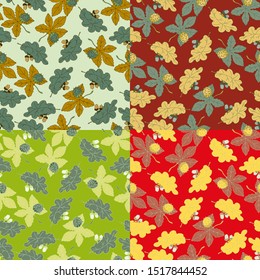 Seamless floral background in four different color options, freehand drawing, print on fabric, screen saver chestnuts and acorns with leaves