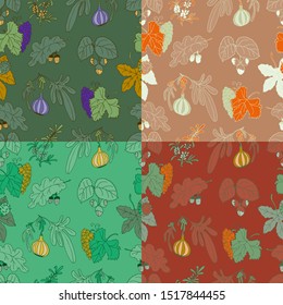 Seamless floral background in four different color variants, freehand drawing, print on fabric, screen saver different fruits with leaves