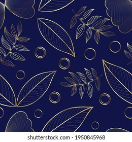 Seamless floral background. Gold pattern on a blue background. Vector.