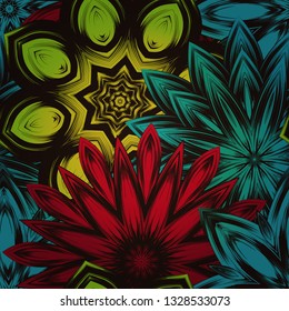 Seamless floral background. The gradient can be off. Tracery handmade nature ethnic fabric backdrop pattern with flowers. Textile design texture. Decorative color art. Vector