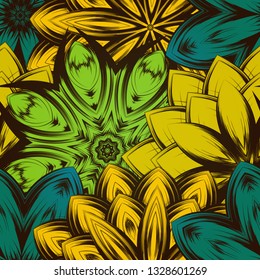 Seamless floral background. The gradient can be off. Tracery handmade nature ethnic fabric backdrop pattern with flowers. Textile design texture. Decorative color art. Vector