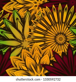 Seamless floral background. The gradient can be off. Tracery handmade nature ethnic fabric backdrop pattern with flowers. Textile design texture. Decorative color art. Vector