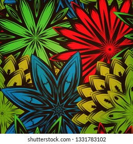 Seamless floral background. The gradient can be off. Tracery handmade nature ethnic fabric backdrop pattern with flowers. Textile design texture. Decorative color art. Vector