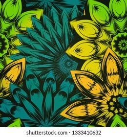 Seamless floral background. The gradient can be off. Tracery handmade nature ethnic fabric backdrop pattern with flowers. Textile design texture. Decorative color art. Vector