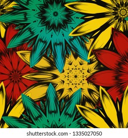 Seamless floral background. The gradient can be off. Tracery handmade nature ethnic fabric backdrop pattern with flowers. Textile design texture. Decorative color art. Vector