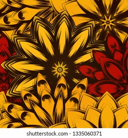 Seamless floral background. The gradient can be off. Tracery handmade nature ethnic fabric backdrop pattern with flowers. Textile design texture. Decorative color art. Vector