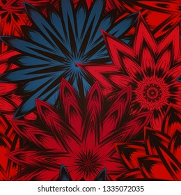Seamless floral background. The gradient can be off. Tracery handmade nature ethnic fabric backdrop pattern with flowers. Textile design texture. Decorative color art. Vector