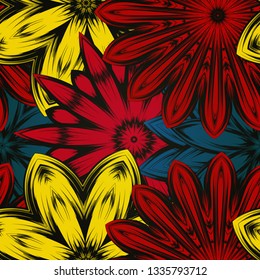 Seamless floral background. The gradient can be off. Tracery handmade nature ethnic fabric backdrop pattern with flowers. Textile design texture. Decorative color art. Vector