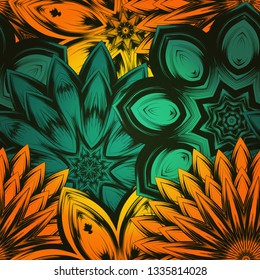 Seamless floral background. The gradient can be off. Tracery handmade nature ethnic fabric backdrop pattern with flowers. Textile design texture. Decorative color art. Vector