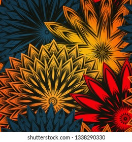 Seamless floral background. The gradient can be off. Tracery handmade nature ethnic fabric backdrop pattern with flowers. Textile design texture. Decorative color art. Vector
