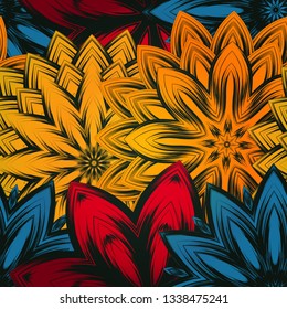 Seamless floral background. The gradient can be off. Tracery handmade nature ethnic fabric backdrop pattern with flowers. Textile design texture. Decorative color art. Vector