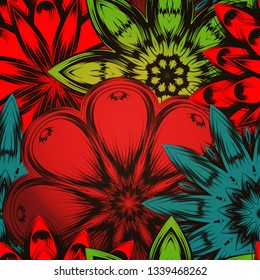 Seamless floral background. The gradient can be off. Tracery handmade nature ethnic fabric backdrop pattern with flowers. Textile design texture. Decorative color art. Vector