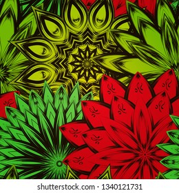 Seamless floral background. The gradient can be off. Tracery handmade nature ethnic fabric backdrop pattern with flowers. Textile design texture. Decorative color art. Vector