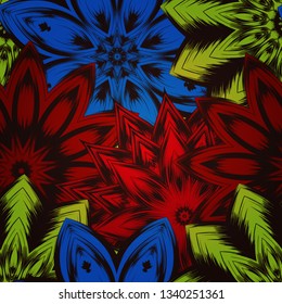 Seamless floral background. The gradient can be off. Tracery handmade nature ethnic fabric backdrop pattern with flowers. Textile design texture. Decorative color art. Vector
