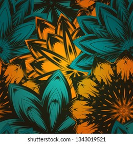 Seamless floral background. The gradient can be off. Tracery handmade nature ethnic fabric backdrop pattern with flowers. Textile design texture. Decorative color art. Vector